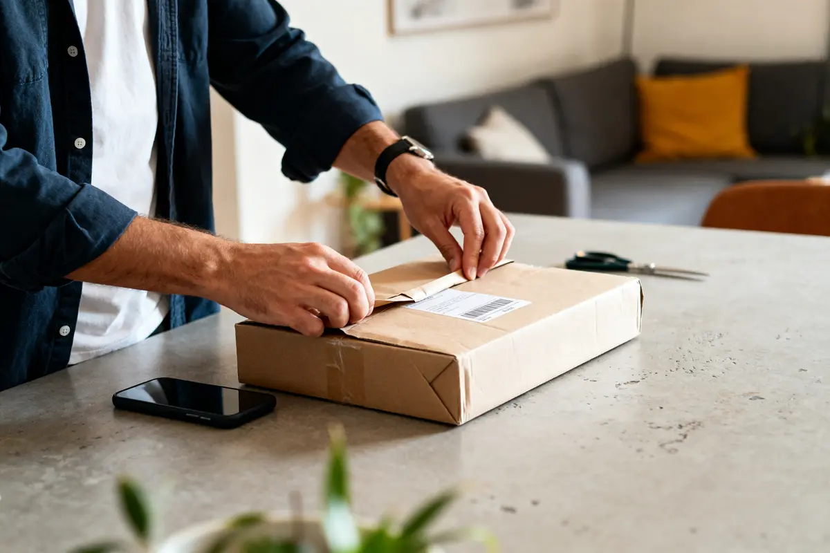 pexels-michal-pech-213601-757318 (1) Personne ouvrant un colis sur table, exemple de travailler à domicile emballage