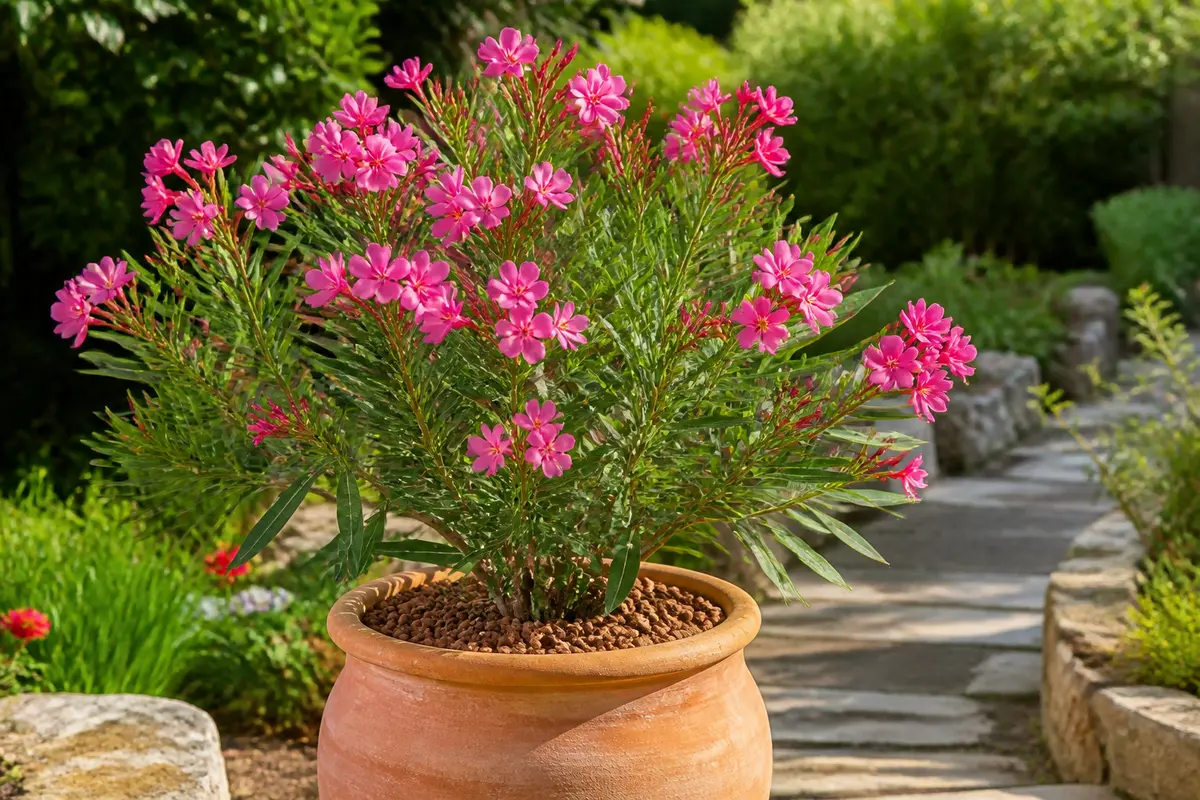 Laurier rose en pot fleuri dans un jardin ensoleillé avec allée pavée